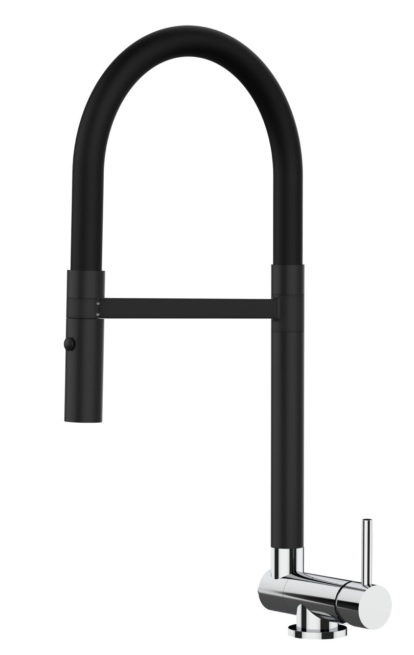 Under Window Kitchen Tap, folding spout to reach 4,5 cm, with 360° swivel spout and 2-jets removable Spray, Matte Black / Chrome