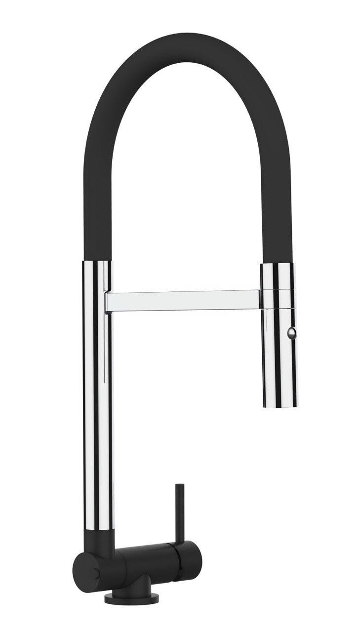 Under Window Kitchen Tap, folding spout to reach 4,5 cm, with 360° swivel spout and 2-jets removable Spray, Chrome / Matte Black