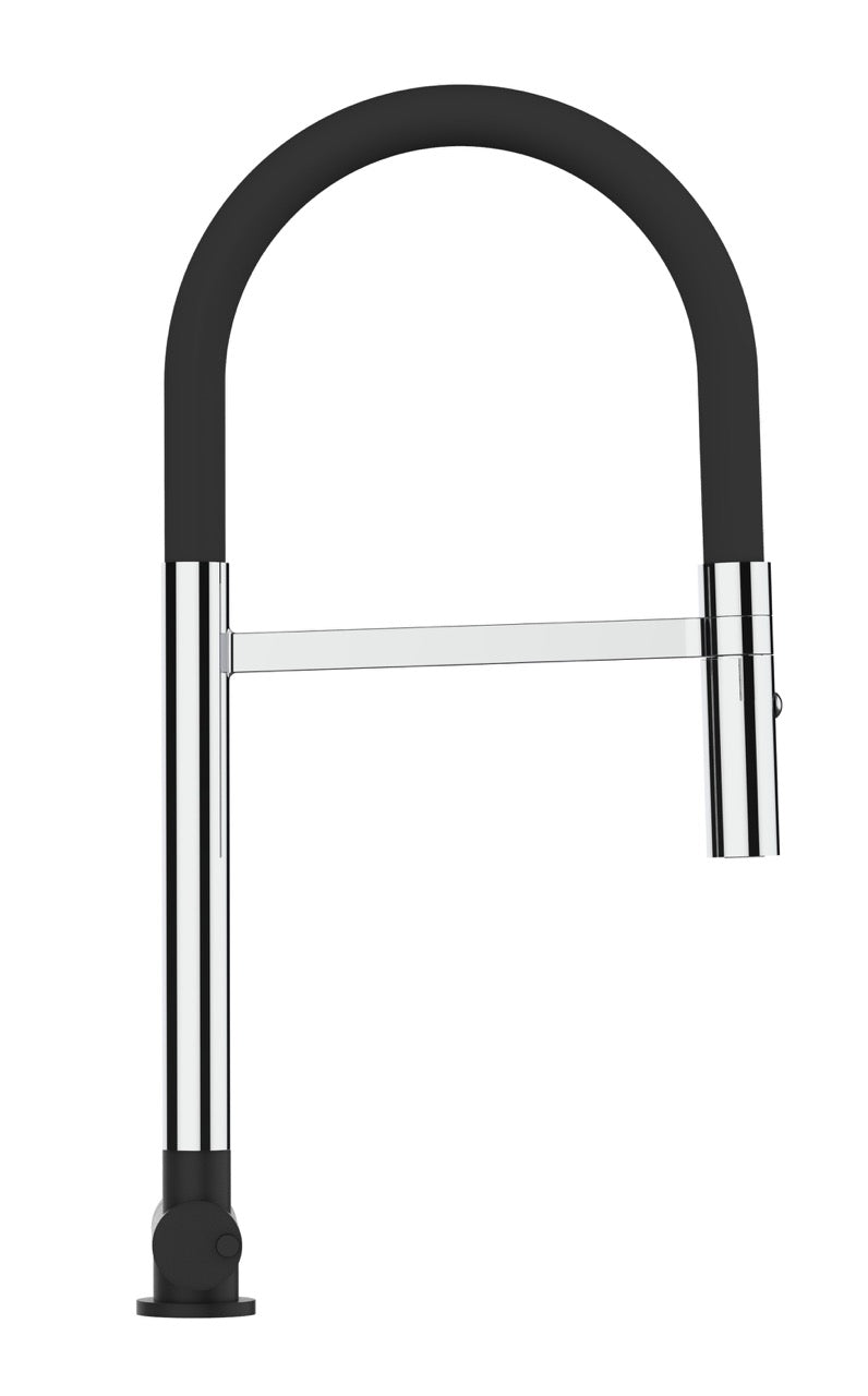 Under Window Kitchen Tap, folding spout to reach 4,5 cm, with 360° swivel spout and 2-jets removable Spray, Chrome / Matte Black