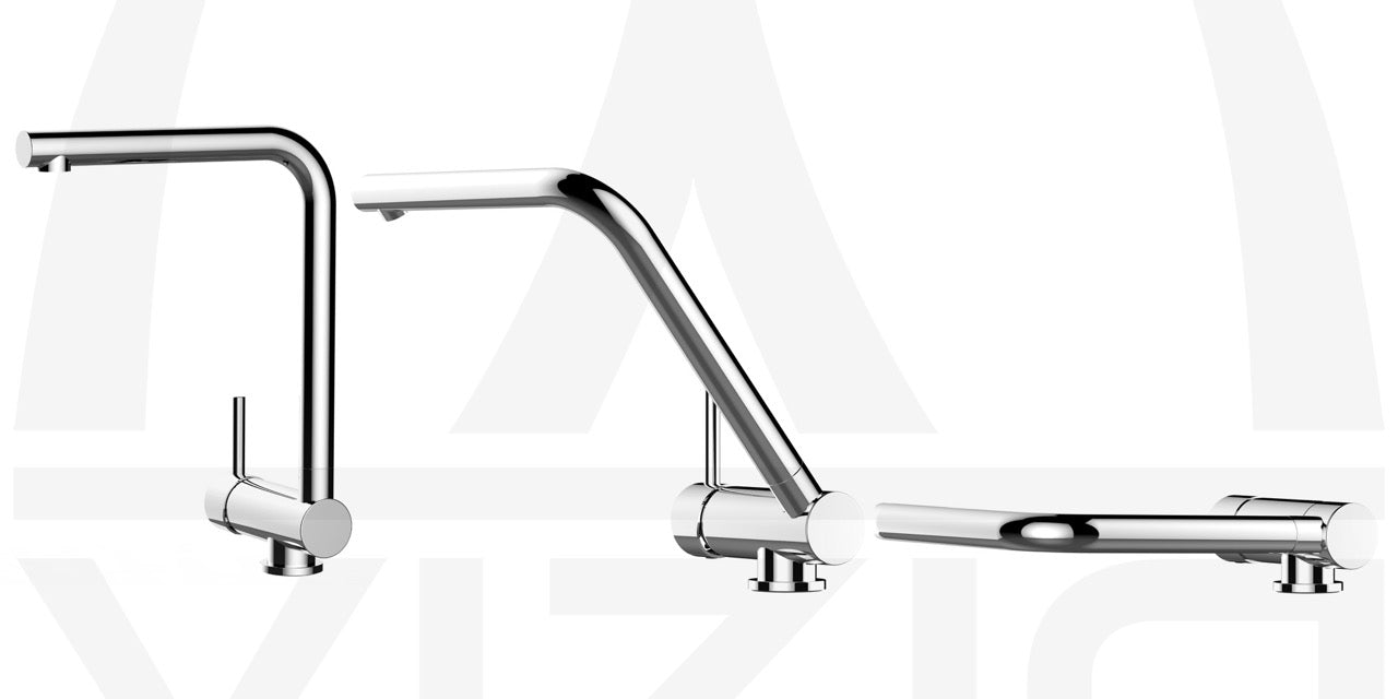 Under Window Kitchen Tap, folding spout to reach 6 cm, handle on LEFT side, with 360° swivel L-Spout, Chrome / White Quartz