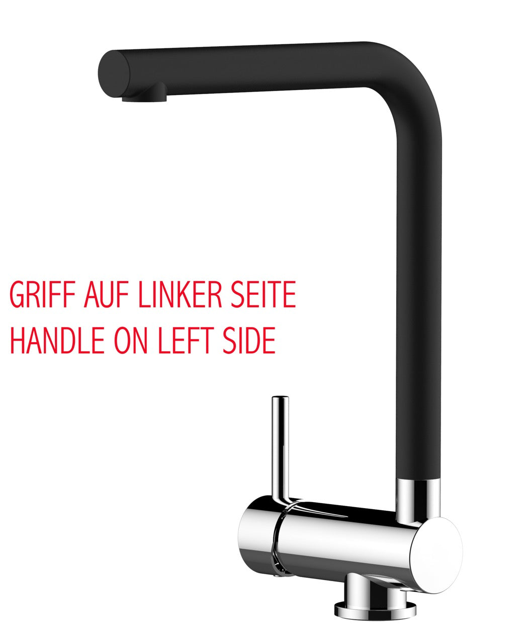 Under Window Kitchen Tap, folding spout to reach 6 cm, handle on LEFT side, with 360° swivel L-Spout, Chrome / Black Quartz