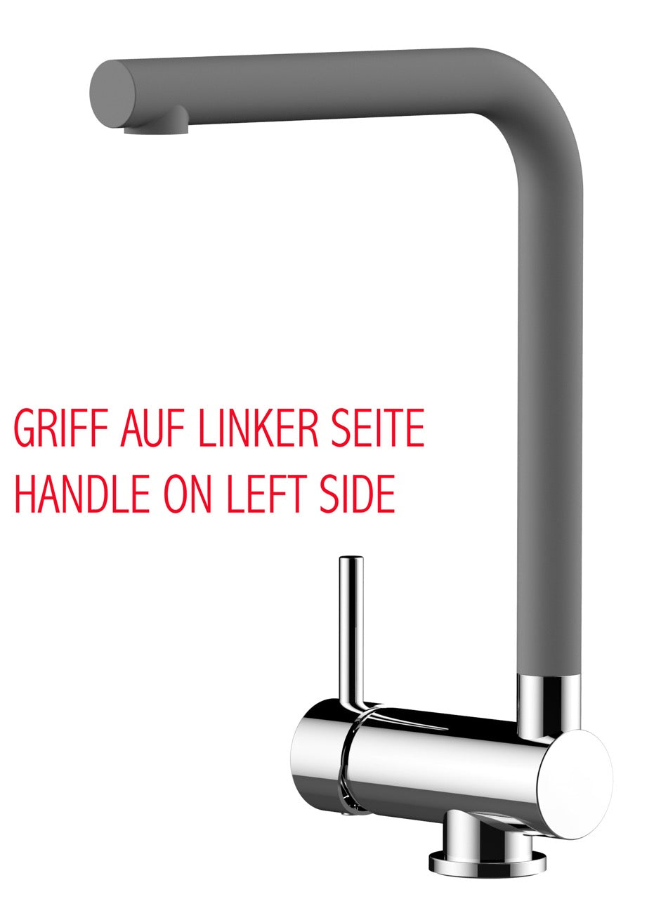 Under Window Kitchen Tap, folding spout to reach 6 cm, handle on LEFT side, with 360° swivel L-Spout, Chrome / Gray Quartz