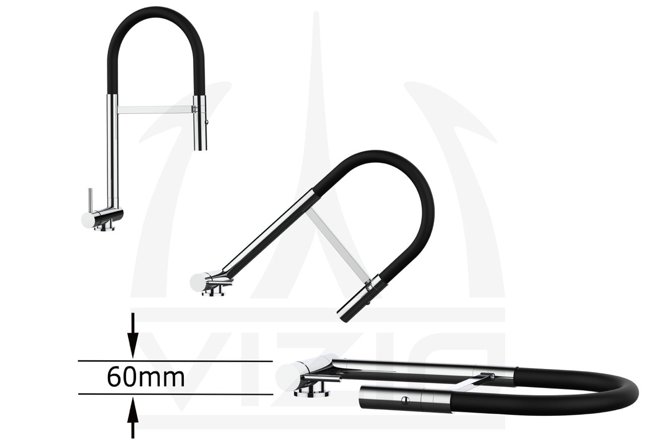Under Window Kitchen Tap, folding spout to reach 6 cm, handle on LEFT side, with 360° swivel spout and 2-jets removable Spray, Matte Black / Yellow