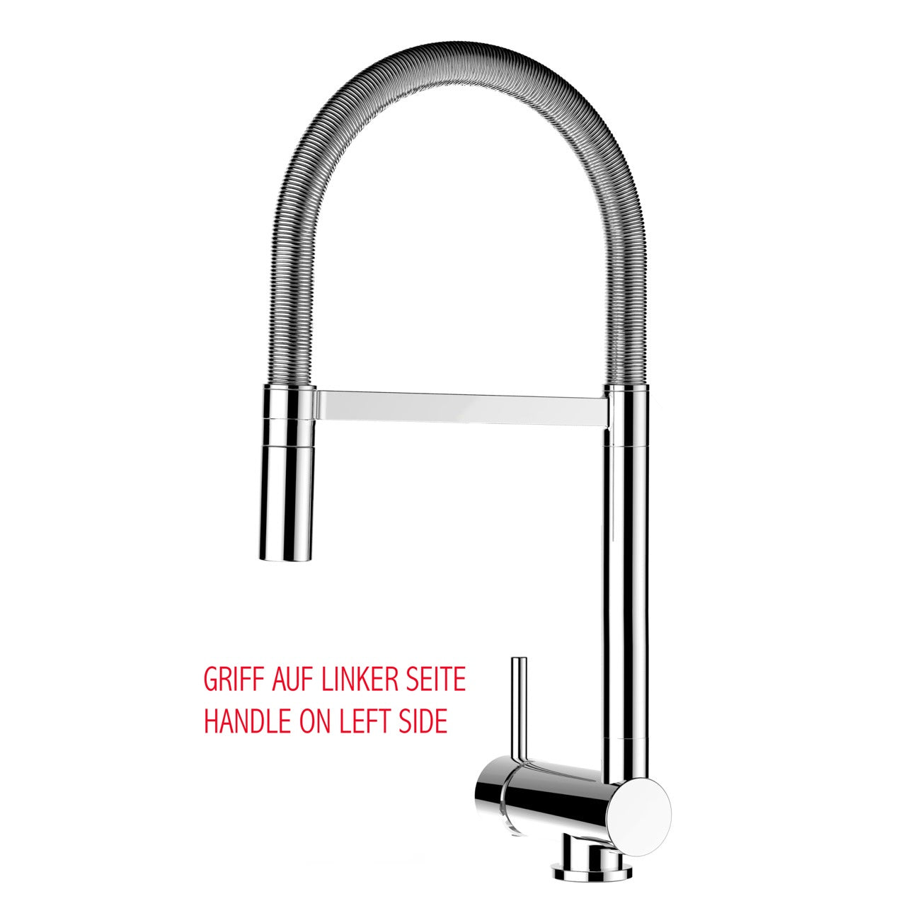 Under Window Kitchen Tap, folding spout to reach 6 cm, handle on LEFT side, with 360° swivel spout and 2-jets removable Spray, Chrome