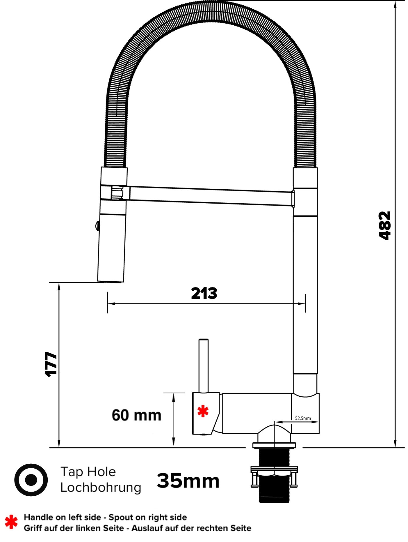 Under Window Kitchen Tap, folding spout to reach 6 cm, handle on LEFT side, with 360° swivel spout and 2-jets removable Spray, Matte Black / Yellow