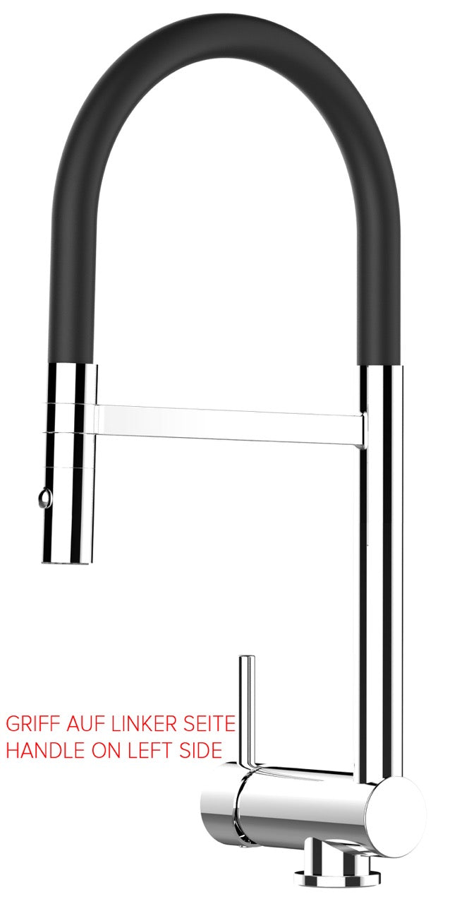 Under Window Kitchen Tap, folding spout to reach 6 cm, handle on LEFT side, with 360° swivel spout and 2-jets removable Spray, Chrome / Black