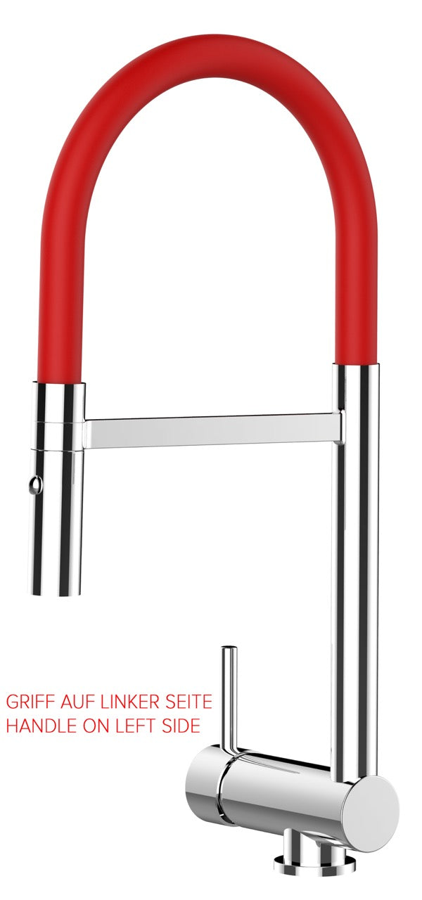 Under Window Kitchen Tap, folding spout to reach 6 cm, handle on LEFT side, with 360° swivel spout and 2-jets removable Spray, Chrome / Red