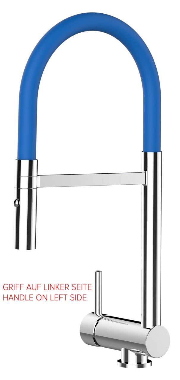 Under Window Kitchen Tap, folding spout to reach 6 cm, handle on LEFT side, with 360° swivel spout and 2-jets removable Spray, Chrome / Blue