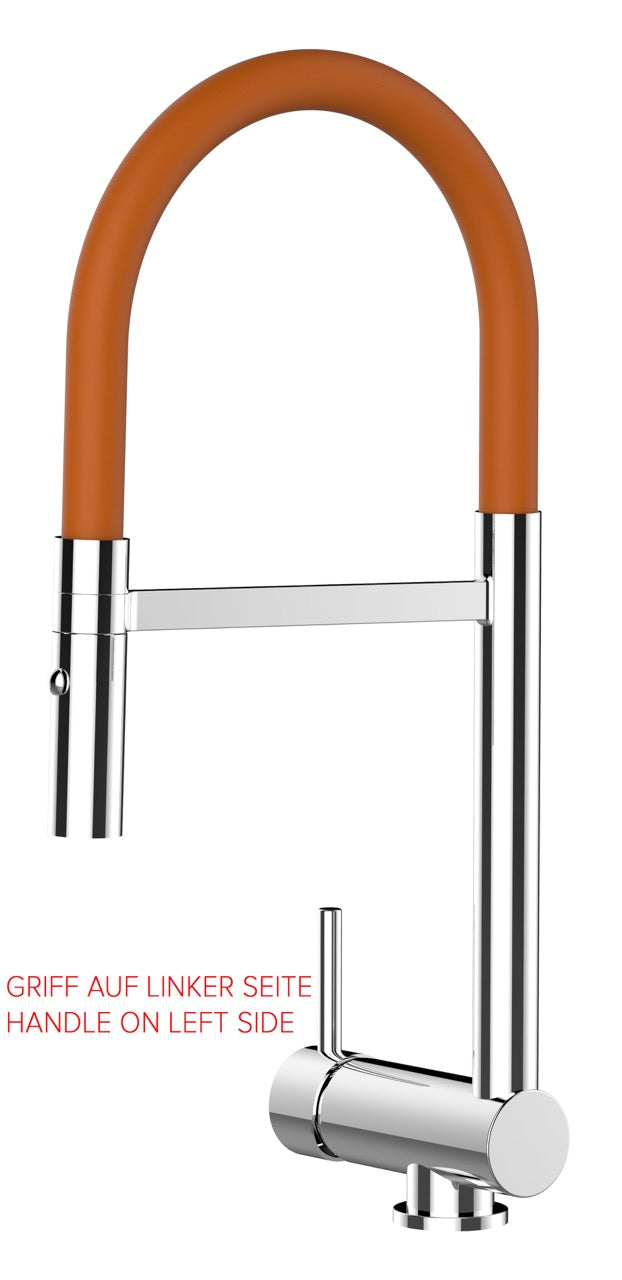 Under Window Kitchen Tap, folding spout to reach 6 cm, handle on LEFT side, with 360° swivel spout and 2-jets removable Spray, Chrome / Orange