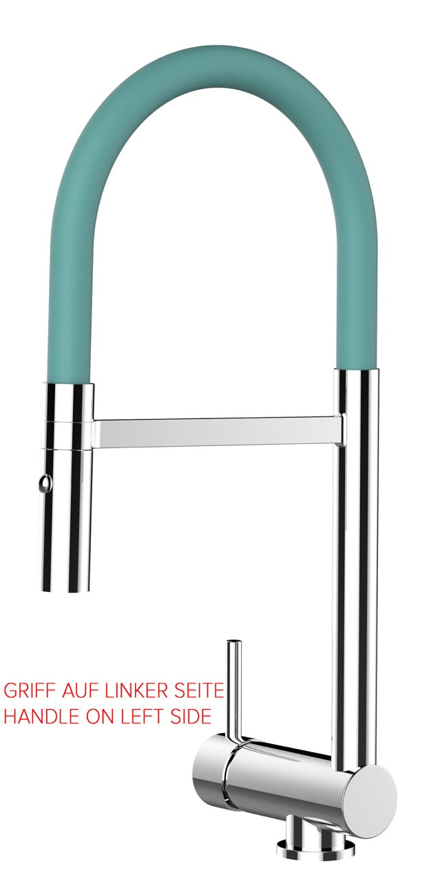Under Window Kitchen Tap, folding spout to reach 6 cm, handle on LEFT side, with 360° swivel spout and 2-jets removable Spray, Chrome / Turquoise