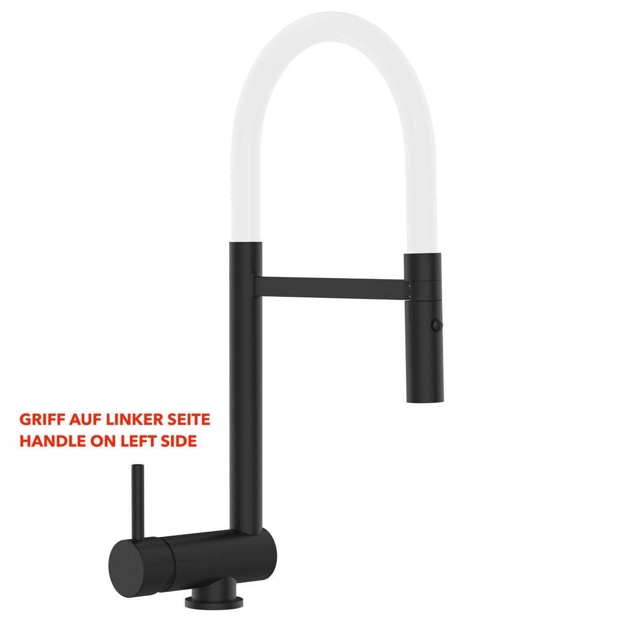 Under Window Kitchen Tap, folding spout to reach 6 cm, handle on LEFT side, with 360° swivel spout and 2-jets removable Spray, Matte Black / White