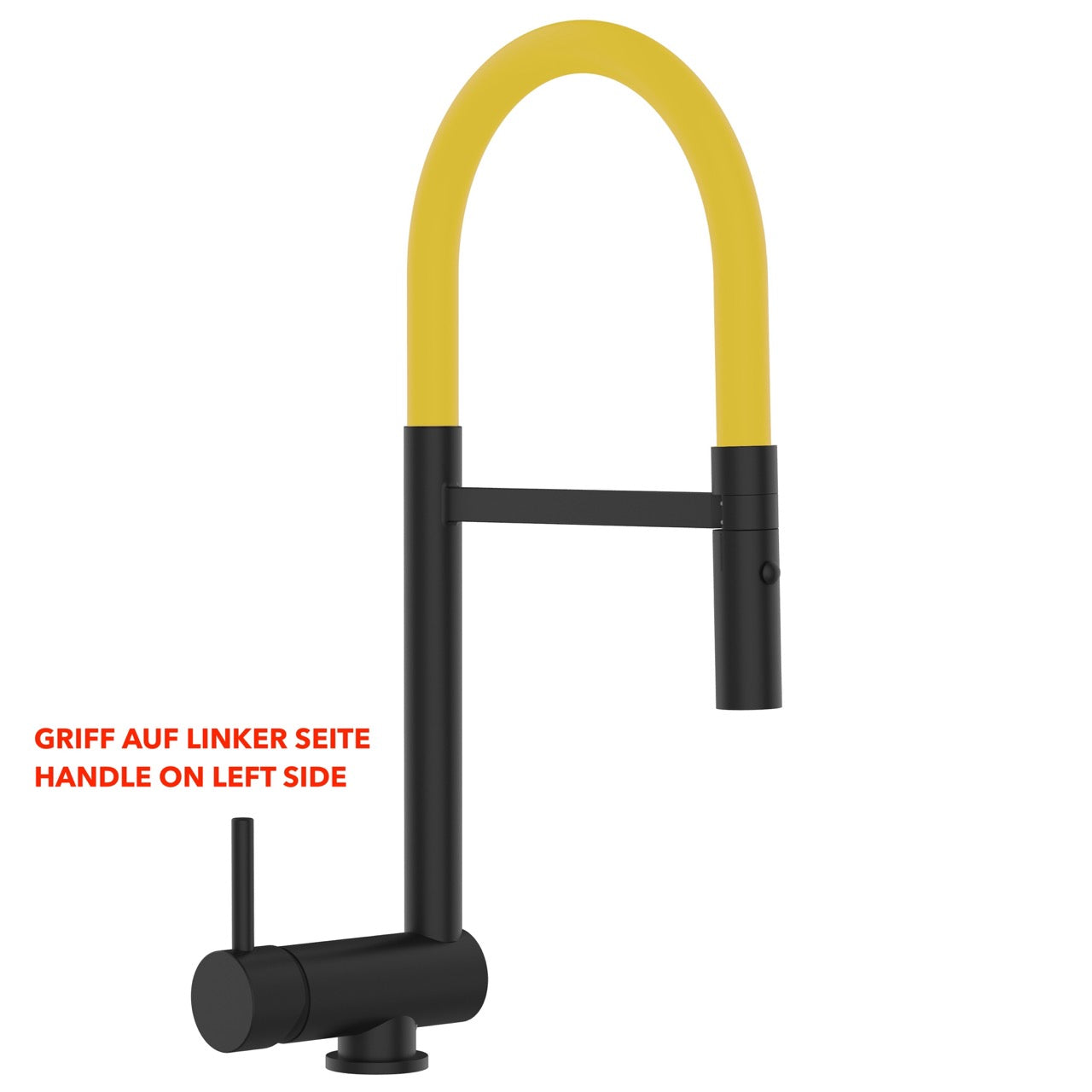 Under Window Kitchen Tap, folding spout to reach 6 cm, handle on LEFT side, with 360° swivel spout and 2-jets removable Spray, Matte Black / Yellow