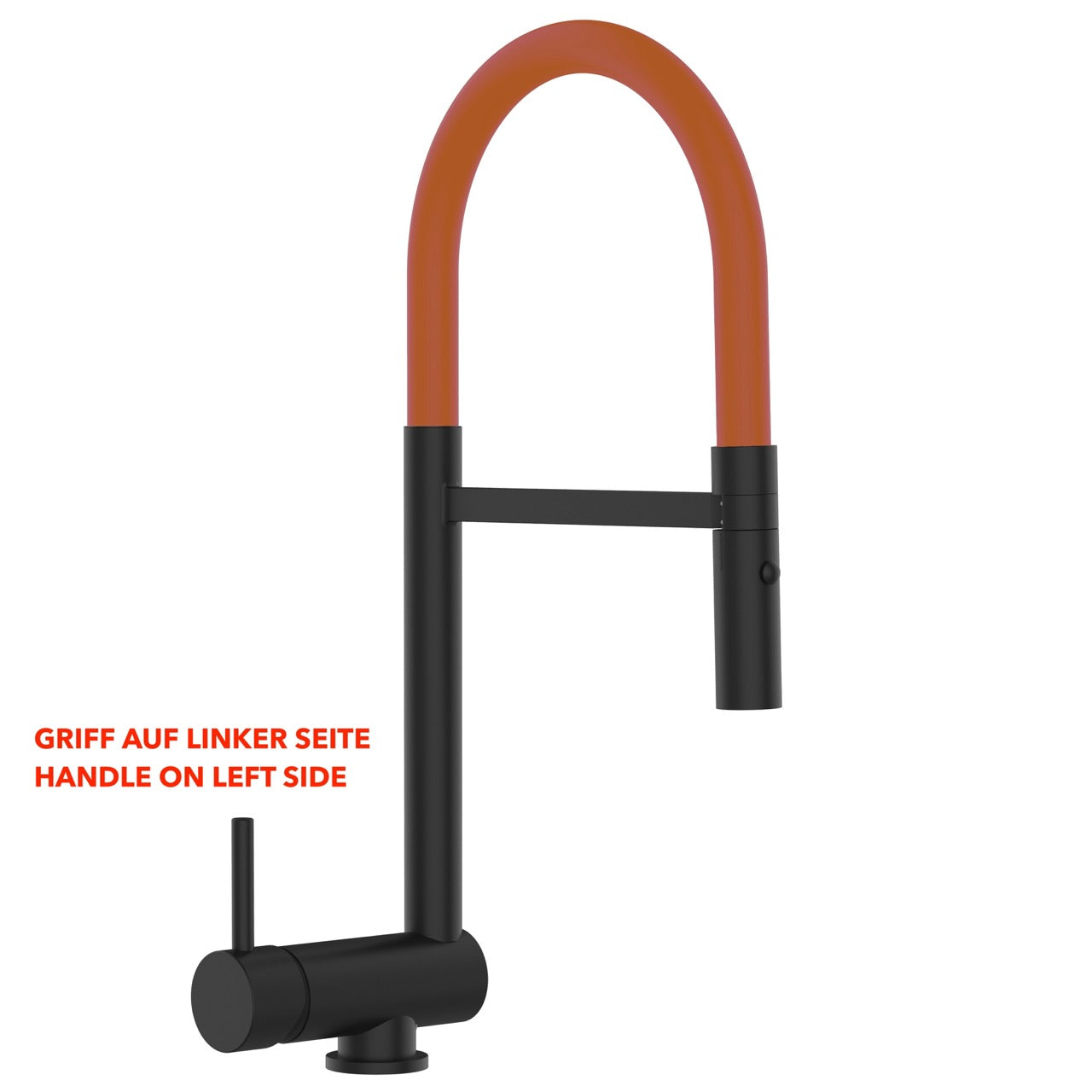 Under Window Kitchen Tap, folding spout to reach 6 cm, handle on LEFT side, with 360° swivel spout and 2-jets removable Spray, Matte Black / Orange