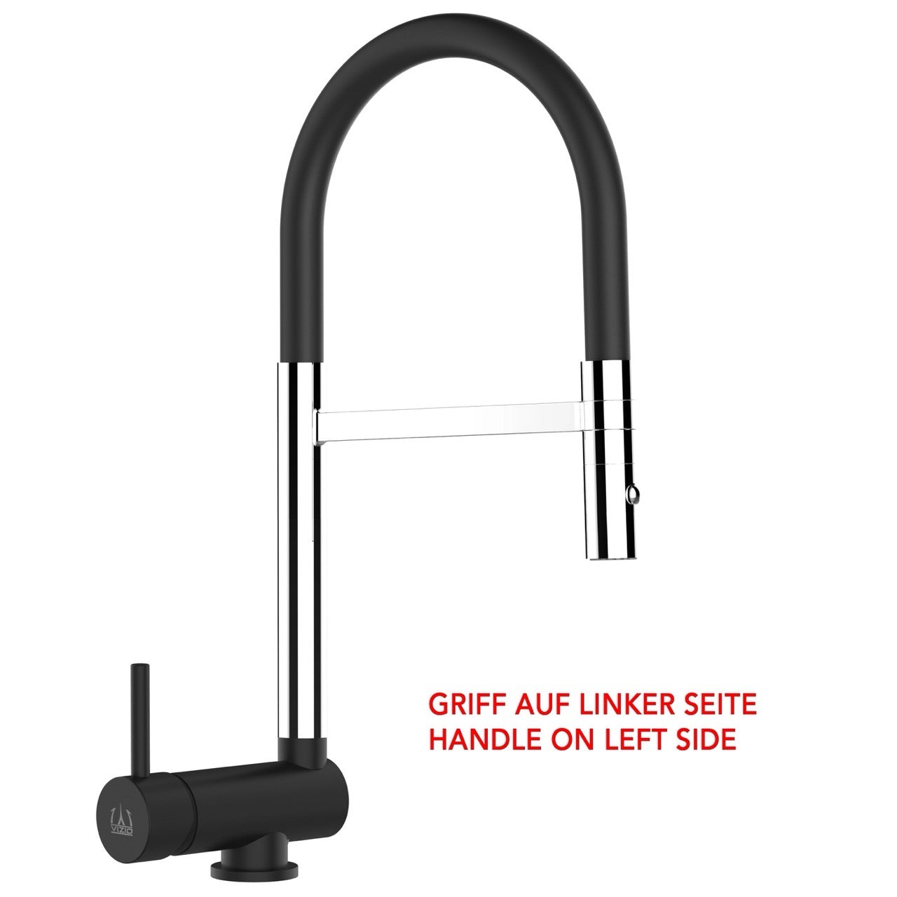 Under Window Kitchen Tap, folding spout to reach 6 cm, handle on LEFT side, with 360° swivel spout and 2-jets removable Spray, Chrome / Matte Black