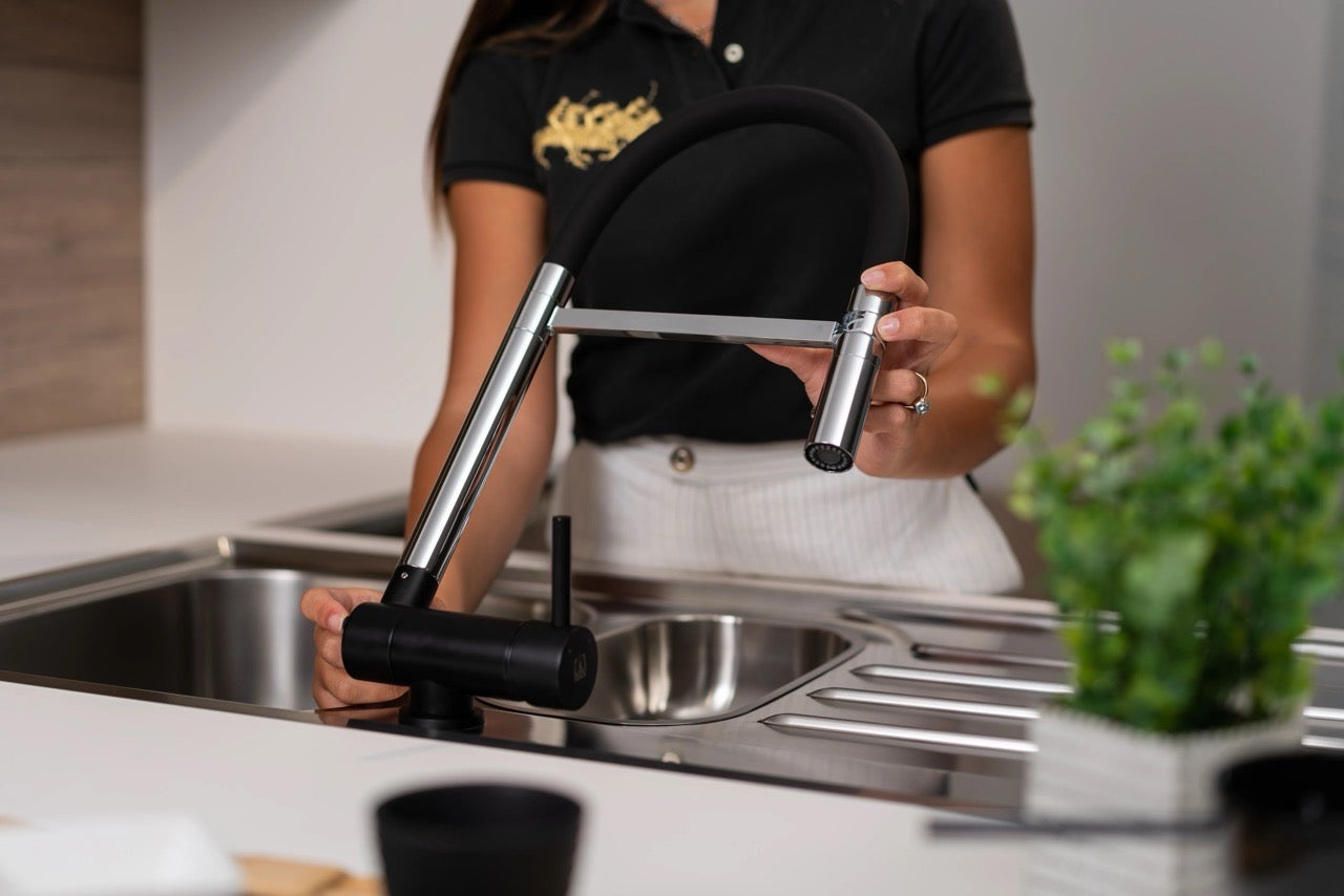 Under Window Kitchen Tap, folding spout to reach 6 cm, handle on LEFT side, with 360° swivel spout and 2-jets removable Spray, Chrome / Matte Black