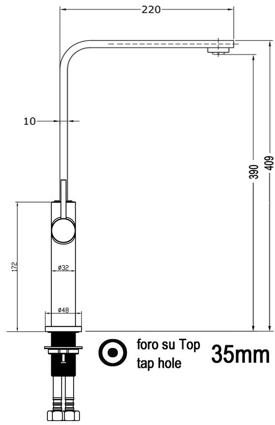 Kitchen Tap, Single lever, TC, with 360° swivel flat L-Spout, Chrome