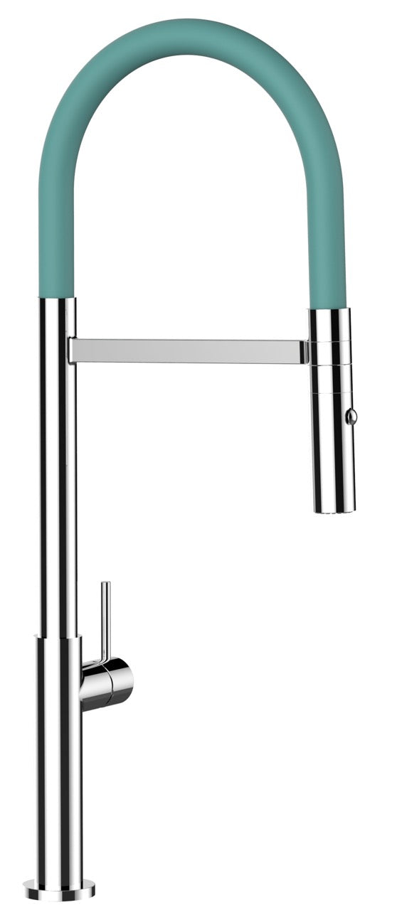 Kitchen Tap, Single lever, TC, with 360° swivel spout and 2-jets removable Spray, Chrome / Turquoise