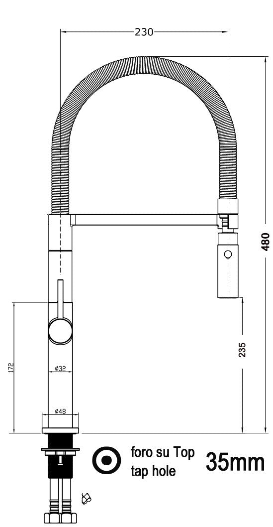 Kitchen Tap, Single lever, TC, with 360° swivel spout and 2-jets removable Spray, Chrome / Yellow - Short Version 48CM