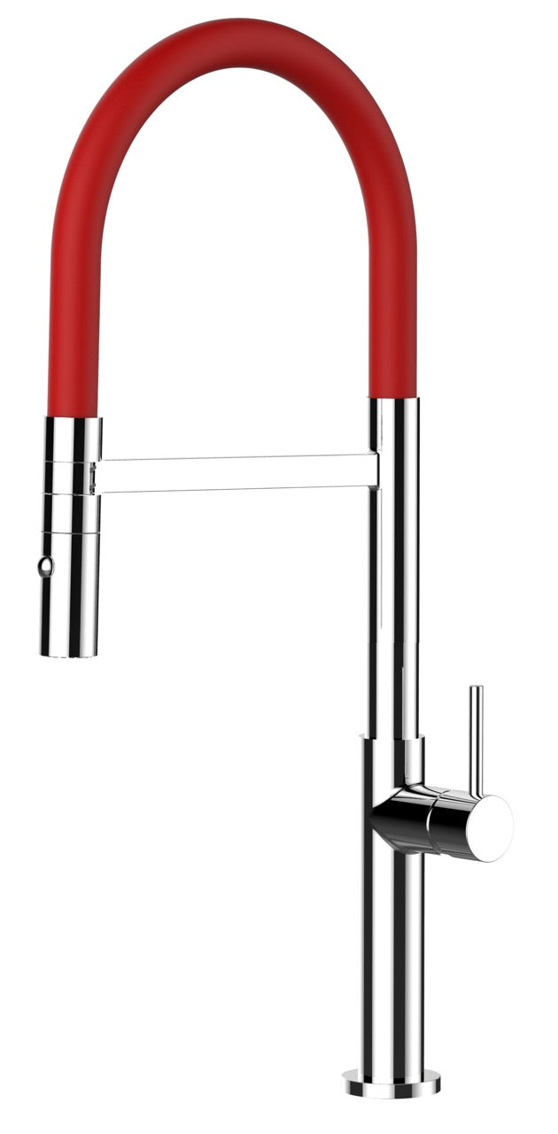 Kitchen Tap, Single lever, TC, with 360° swivel spout and 2-jets removable Spray, Chrome / Red - Short Version 48CM
