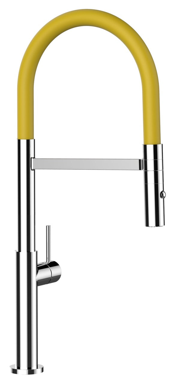 Kitchen Tap, Single lever, TC, with 360° swivel spout and 2-jets removable Spray, Chrome / Yellow - Short Version 48CM