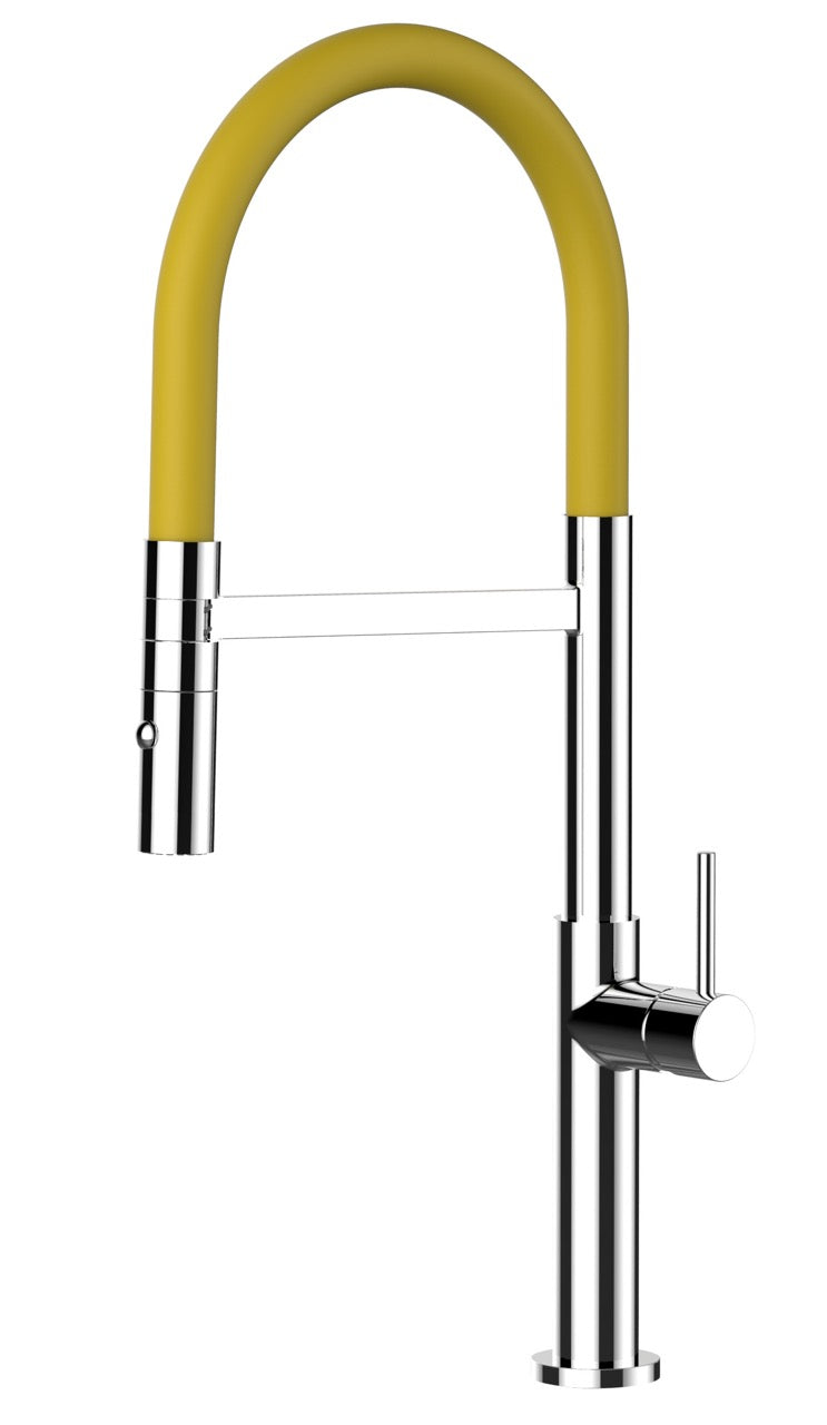 Kitchen Tap, Single lever, TC, with 360° swivel spout and 2-jets removable Spray, Chrome / Yellow - Short Version 48CM