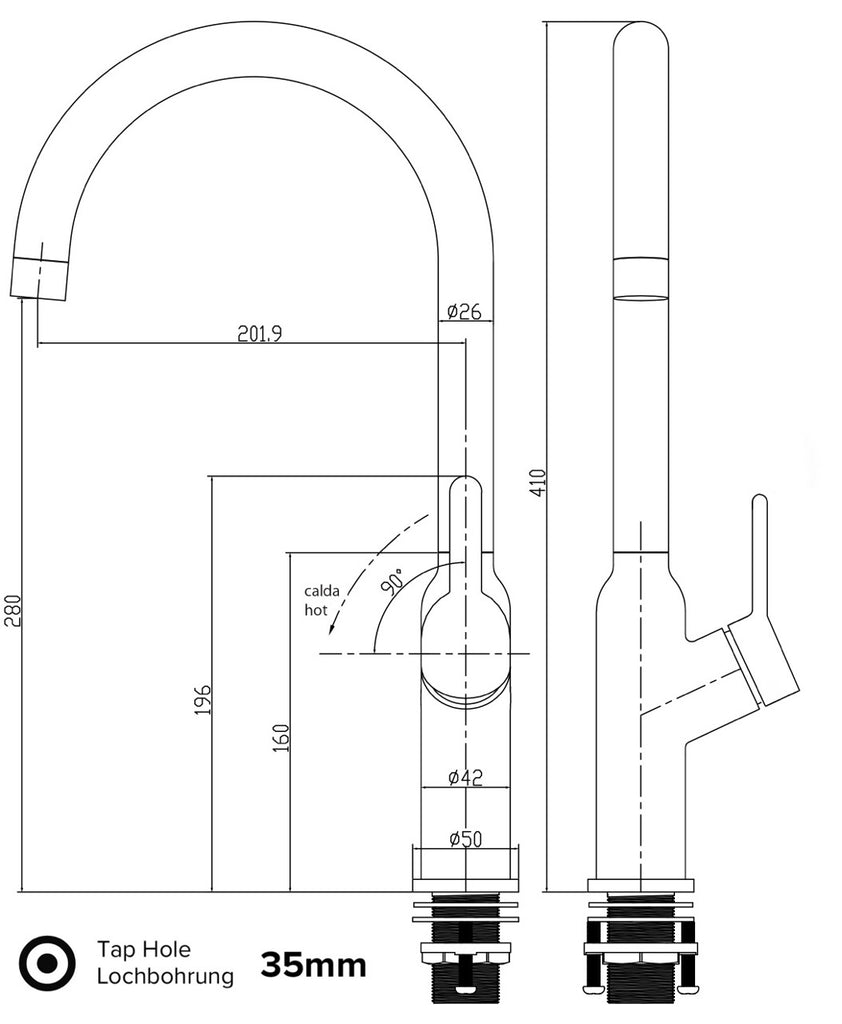 Rubinetto cucina monocomando, BOD, canna a U girevole a 360°, Cromato