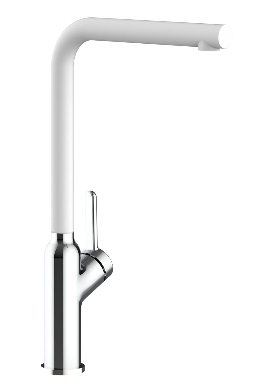 Rubinetto cucina monocomando, BOD, canna a L girevole a 360°, Cromato / Bianco Quarzo
