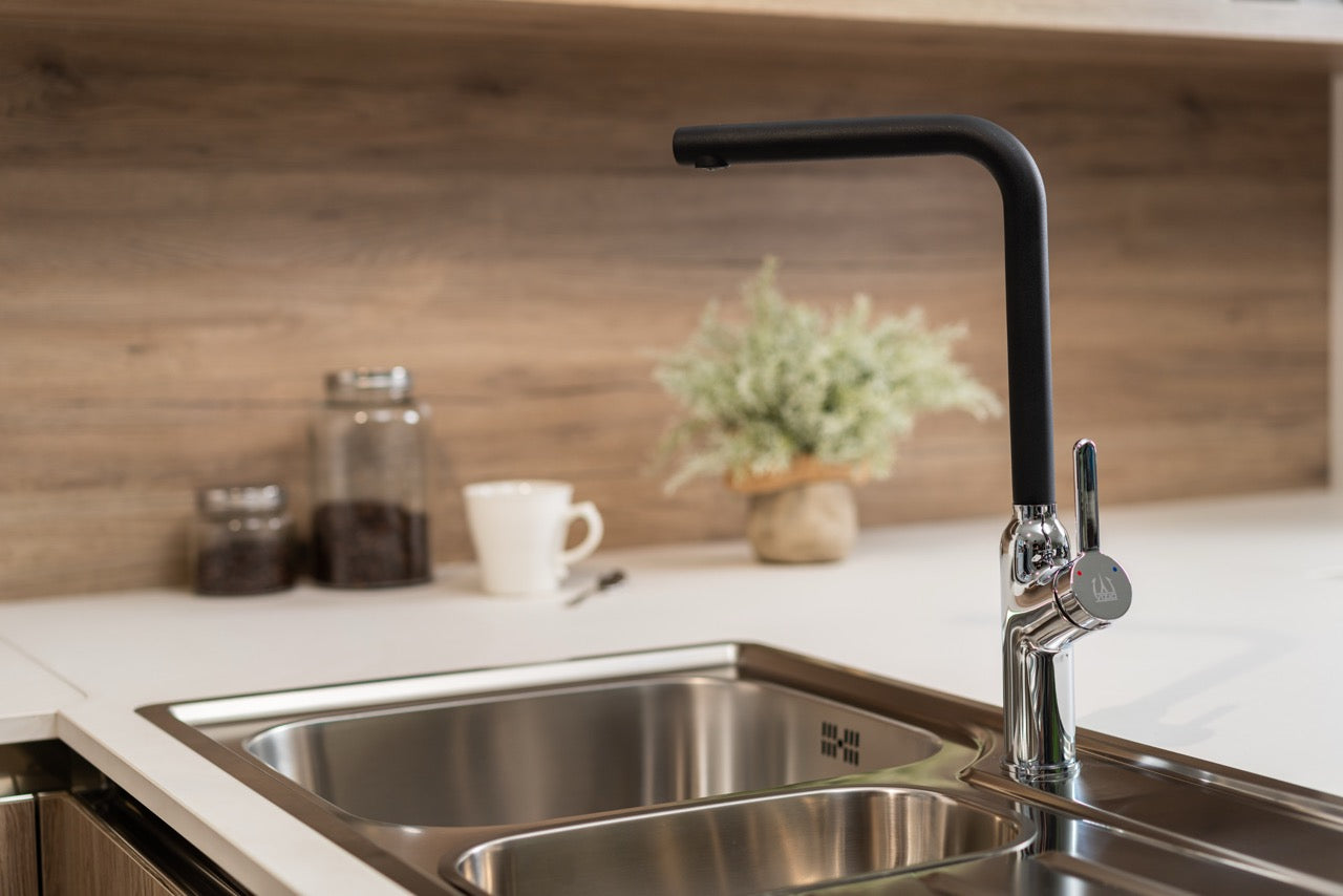 Rubinetto cucina monocomando, BOD, canna a L girevole a 360°, Cromato / Nero Quarzo