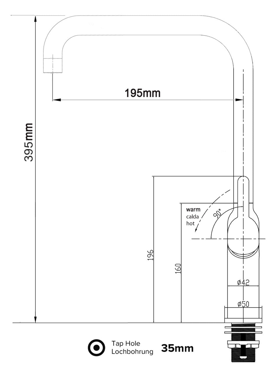Rubinetto cucina monocomando, BOD, canna a N girevole a 360°, Cromato