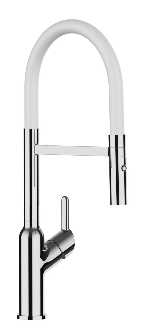 Rubinetto cucina monocomando, BOD, canna girevole 360° e doccetta 2 getti movibile, Cromato / Bianco