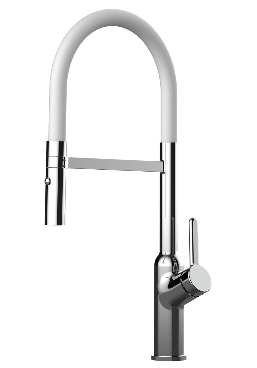 Kitchen Tap, Single lever, BOD, with 360° swivel spout and 2-jets removable Spray, Chrome / White