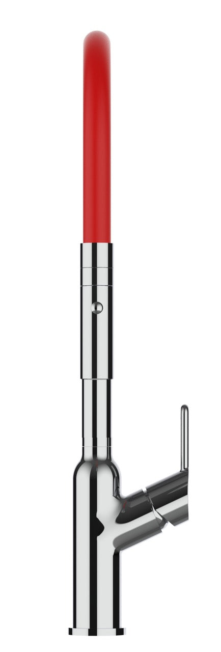 Rubinetto cucina monocomando, BOD, canna girevole 360° e doccetta 2 getti movibile, Cromato / Rosso