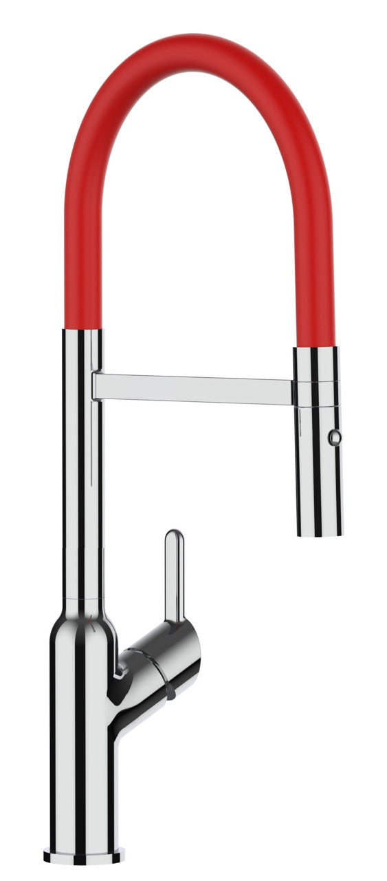Rubinetto cucina monocomando, BOD, canna girevole 360° e doccetta 2 getti movibile, Cromato / Rosso