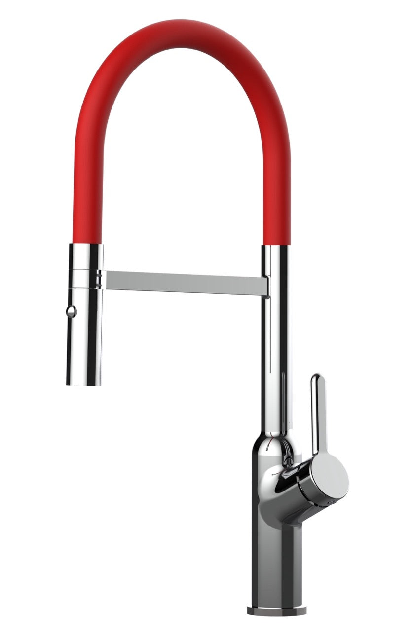 Kitchen Tap, Single lever, BOD, with 360° swivel spout and 2-jets removable Spray, Chrome / Red