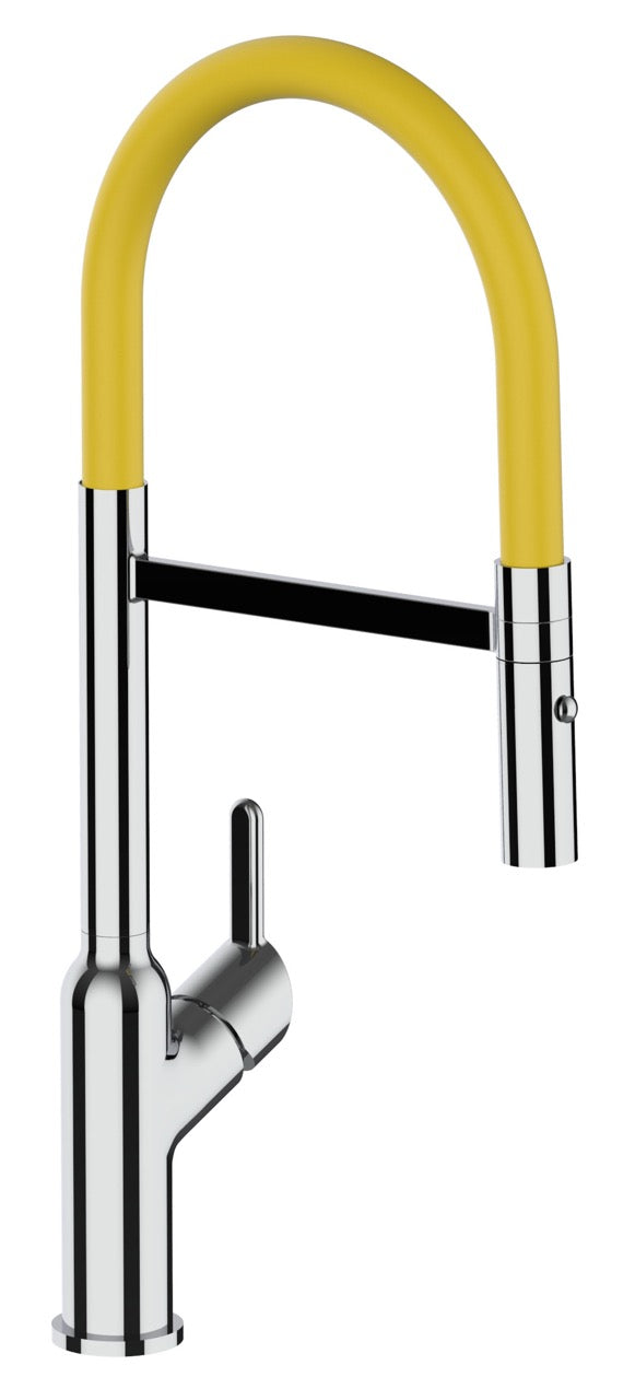 Kitchen Tap, Single lever, BOD, with 360° swivel spout and 2-jets removable Spray, Chrome / Yellow