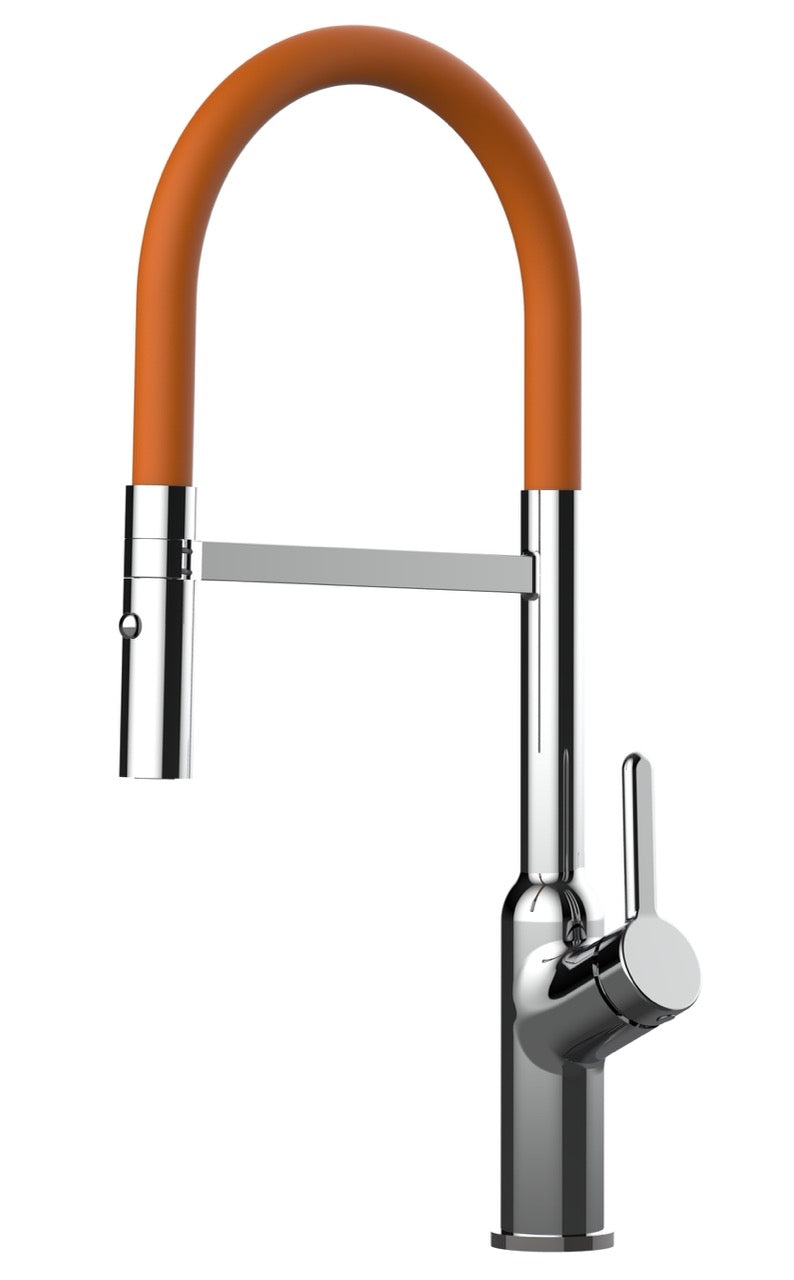 Kitchen Tap, Single lever, BOD, with 360° swivel spout and 2-jets removable Spray, Chrome / Orange