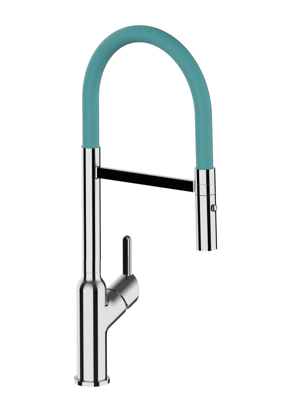 Kitchen Tap, Single lever, BOD, with 360° swivel spout and 2-jets removable Spray, Chrome / Turquoise