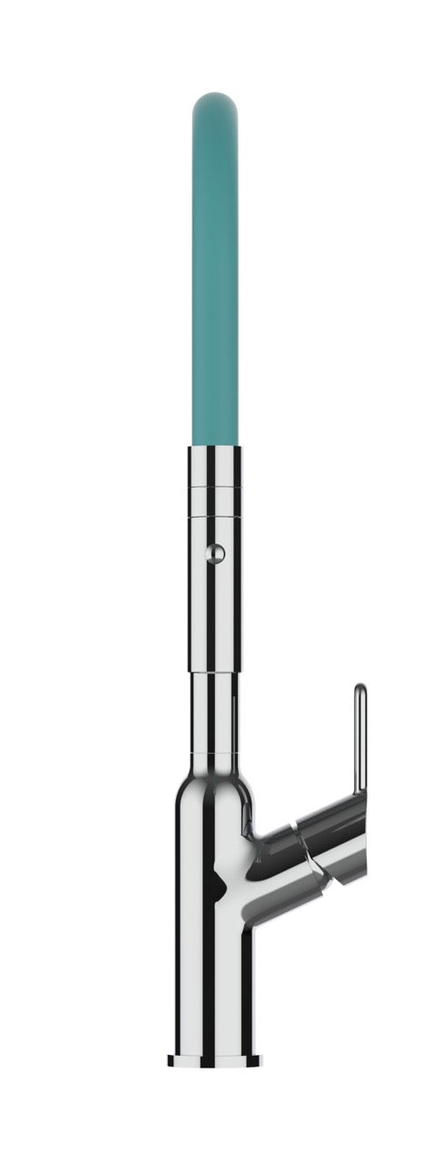 Kitchen Tap, Single lever, BOD, with 360° swivel spout and 2-jets removable Spray, Chrome / Turquoise