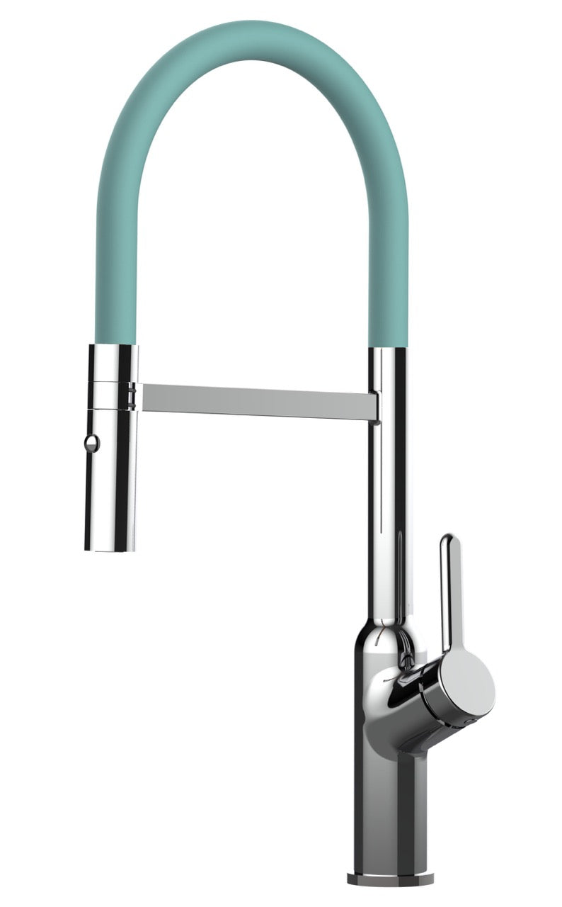Kitchen Tap, Single lever, BOD, with 360° swivel spout and 2-jets removable Spray, Chrome / Turquoise