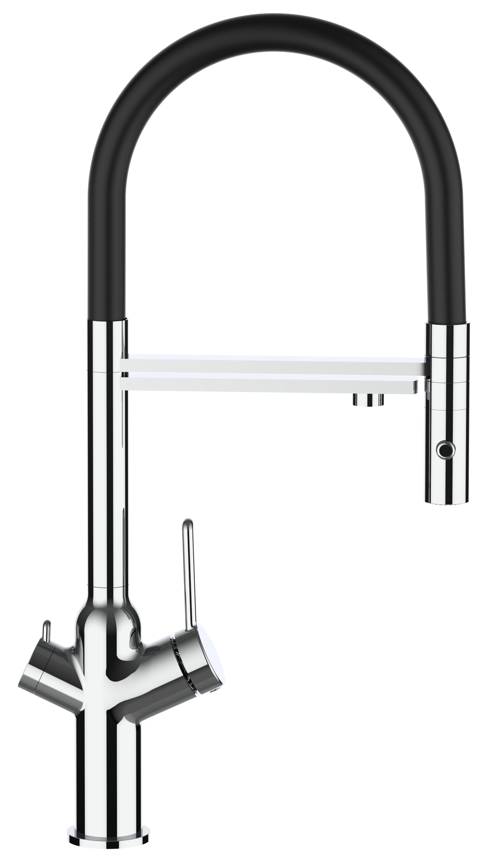 3 Way Kitchen Filter Tap, BOD, with 360° swivel spout and 2-jets removable Spray, Chrome / Black