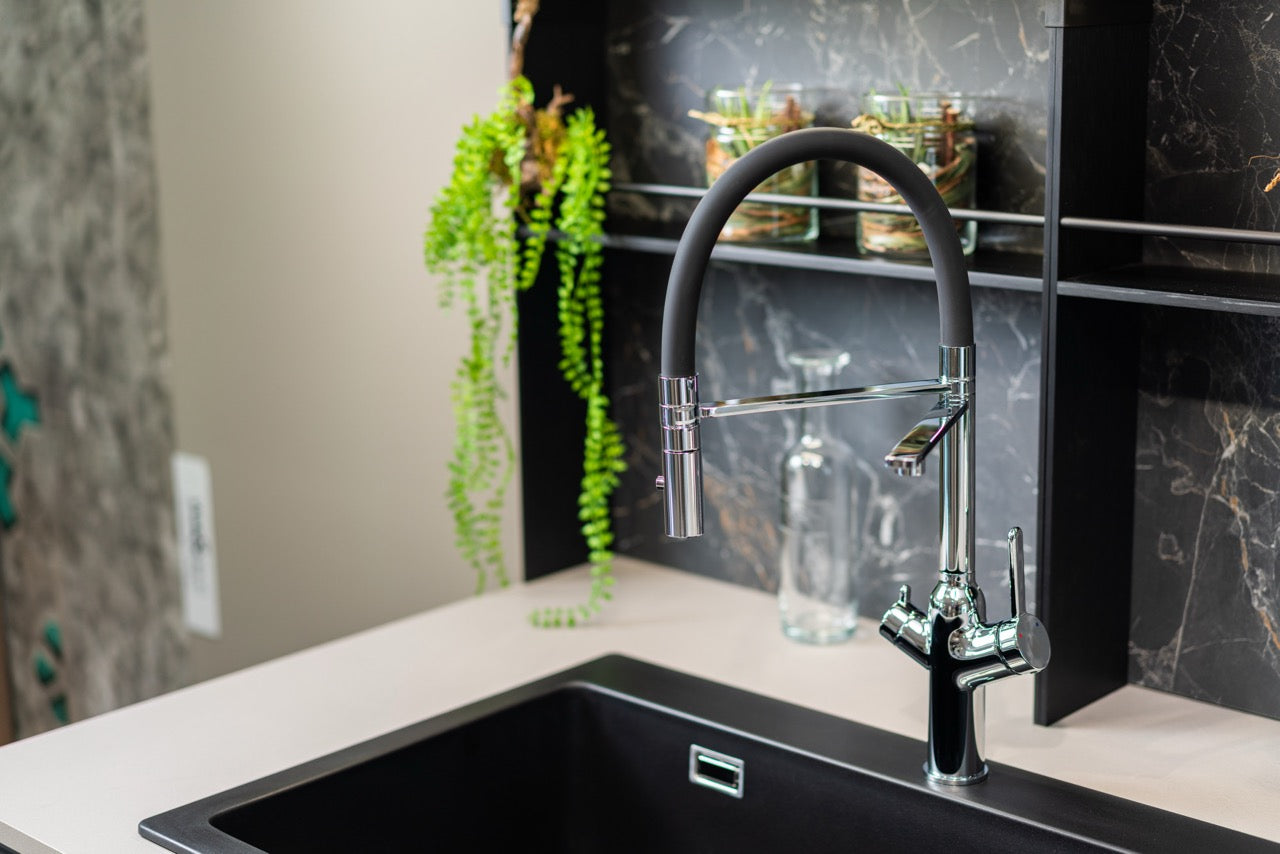 4 Way Kitchen Filter Tap, BOD, with 360° swivel spout and 2-jets removable Spray, Chrome / Black