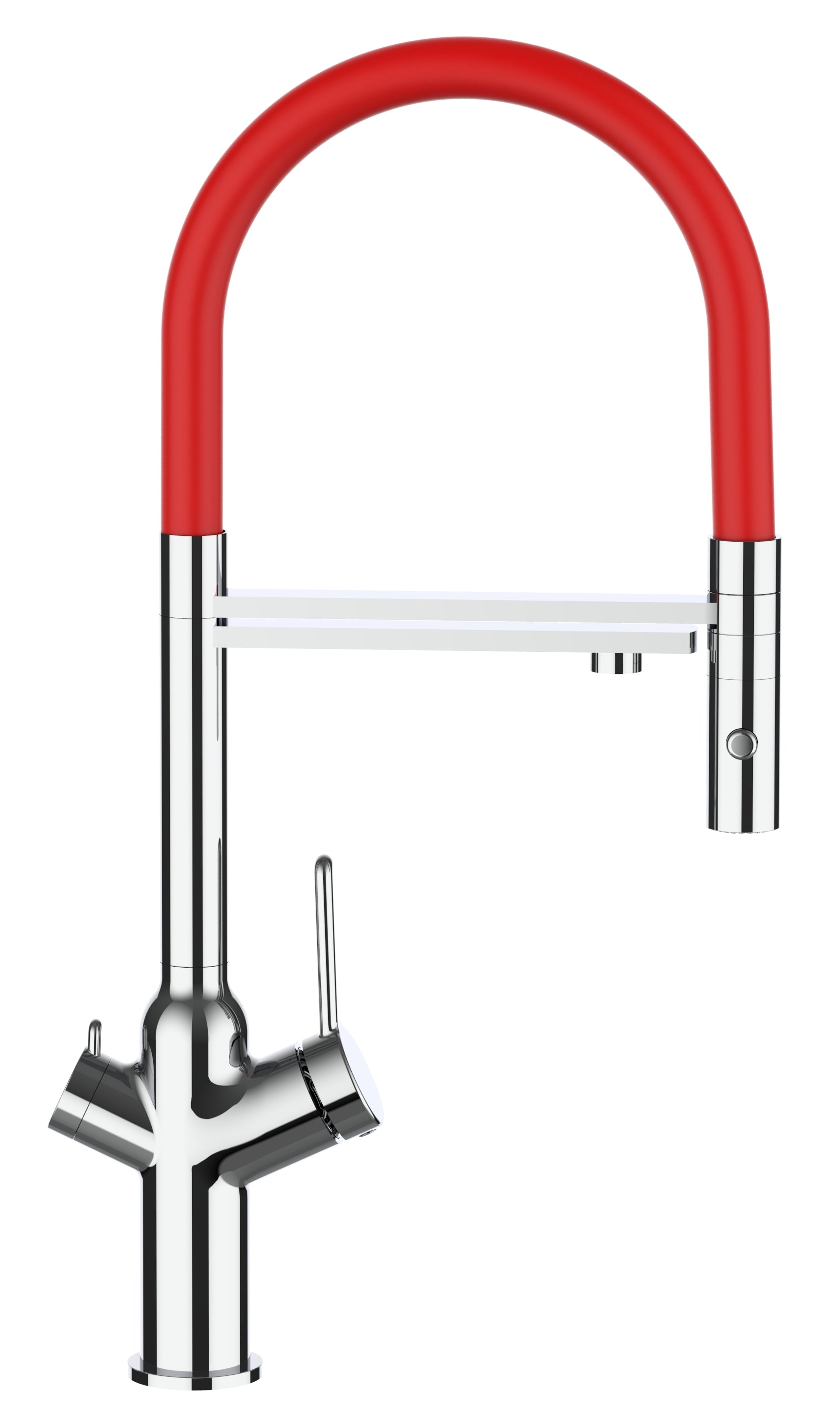 3 Way Kitchen Filter Tap, BOD, with 360° swivel spout and 2-jets removable Spray, Chrome / Red