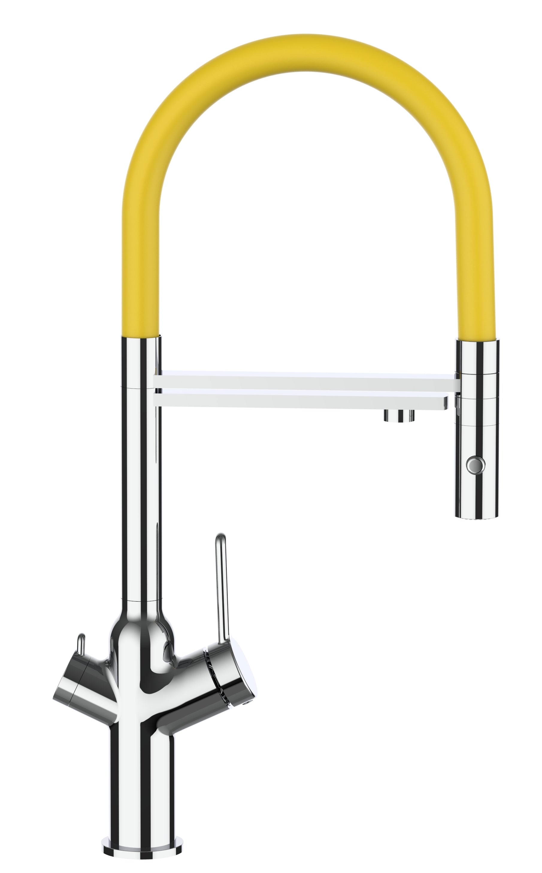 3 Way Kitchen Filter Tap, BOD, with 360° swivel spout and 2-jets removable Spray, Chrome / Yellow