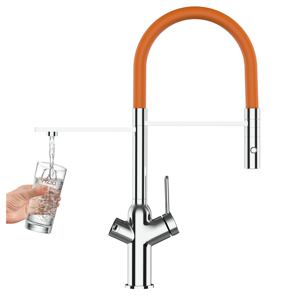3 Way Kitchen Filter Tap, BOD, with 360° swivel spout and 2-jets removable Spray, Chrome / Orange