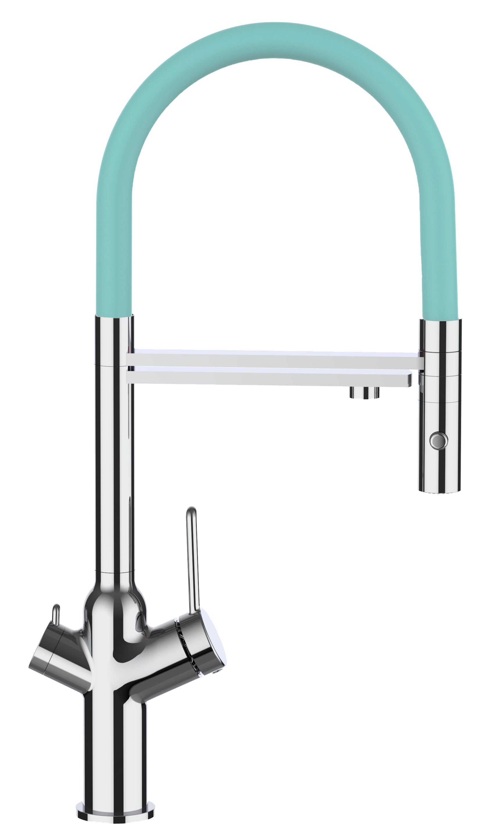 3 Way Kitchen Filter Tap, BOD, with 360° swivel spout and 2-jets removable Spray, Chrome / Turquoise
