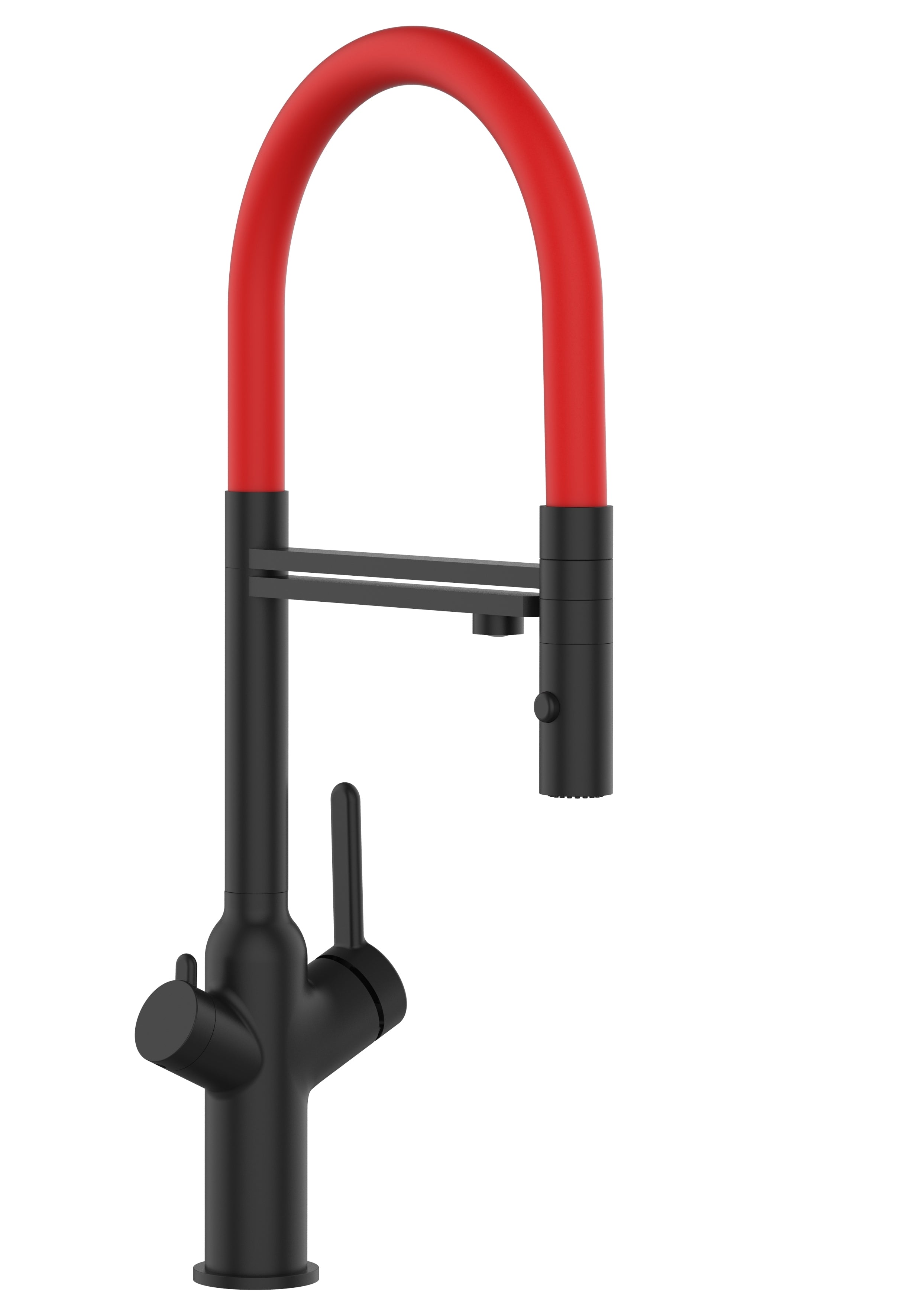 3 Way Kitchen Filter Tap, BOD, with 360° swivel spout and 2-jets removable Spray, Matte Black / Red