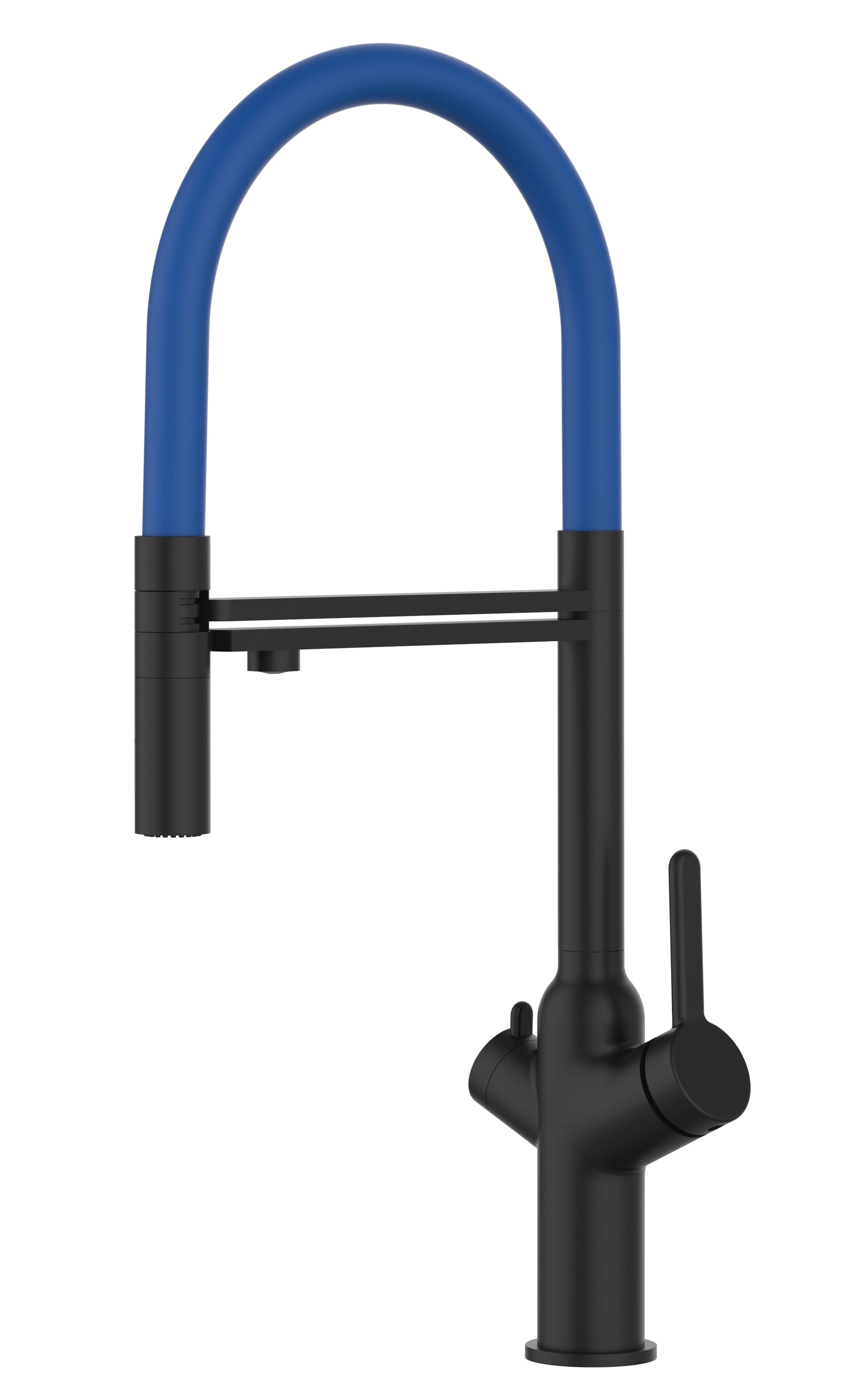 3 Way Kitchen Filter Tap, BOD, with 360° swivel spout and 2-jets removable Spray, Matte Black / Blue