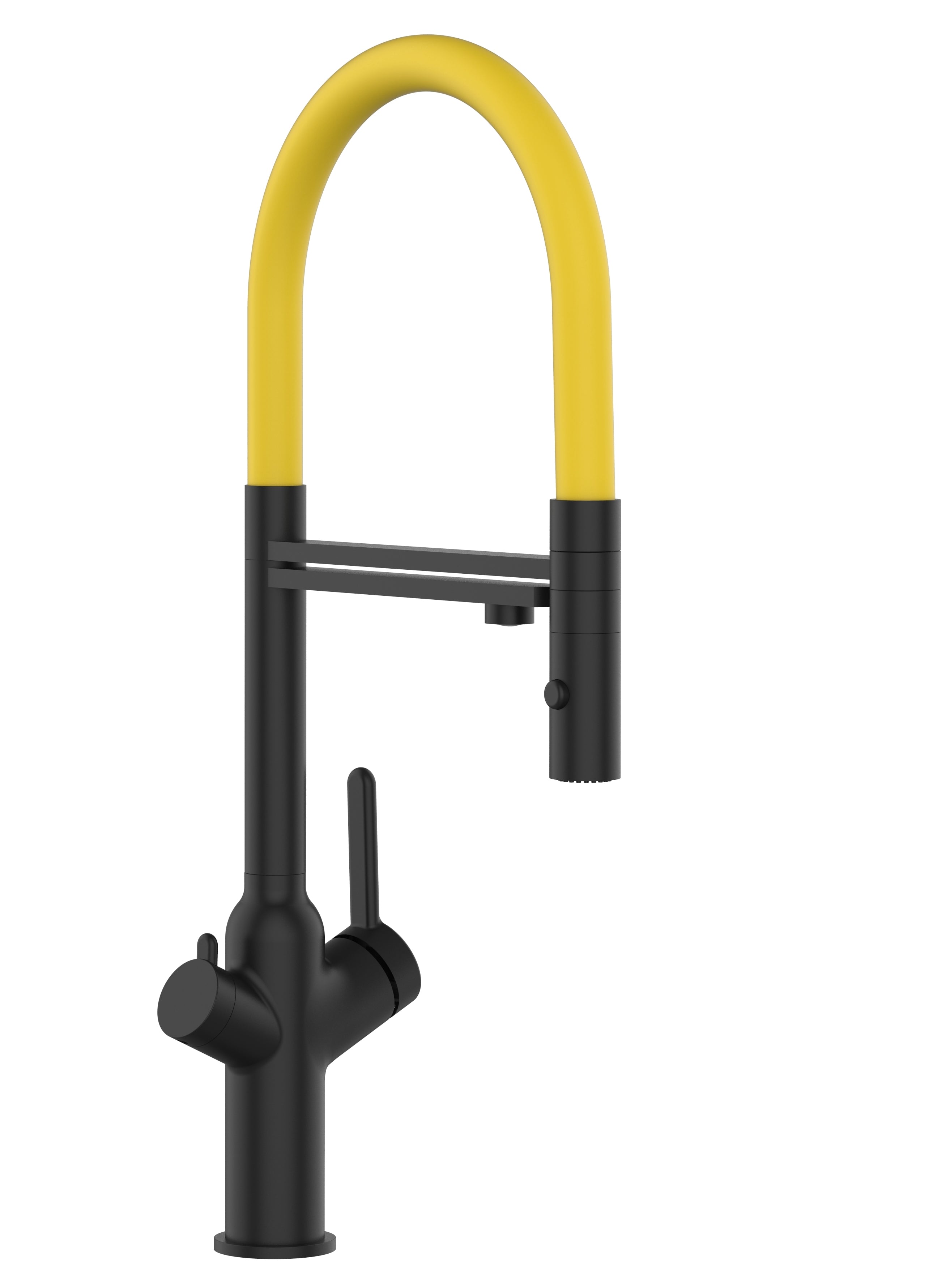 3 Way Kitchen Filter Tap, BOD, with 360° swivel spout and 2-jets removable Spray, Matte Black / Yellow