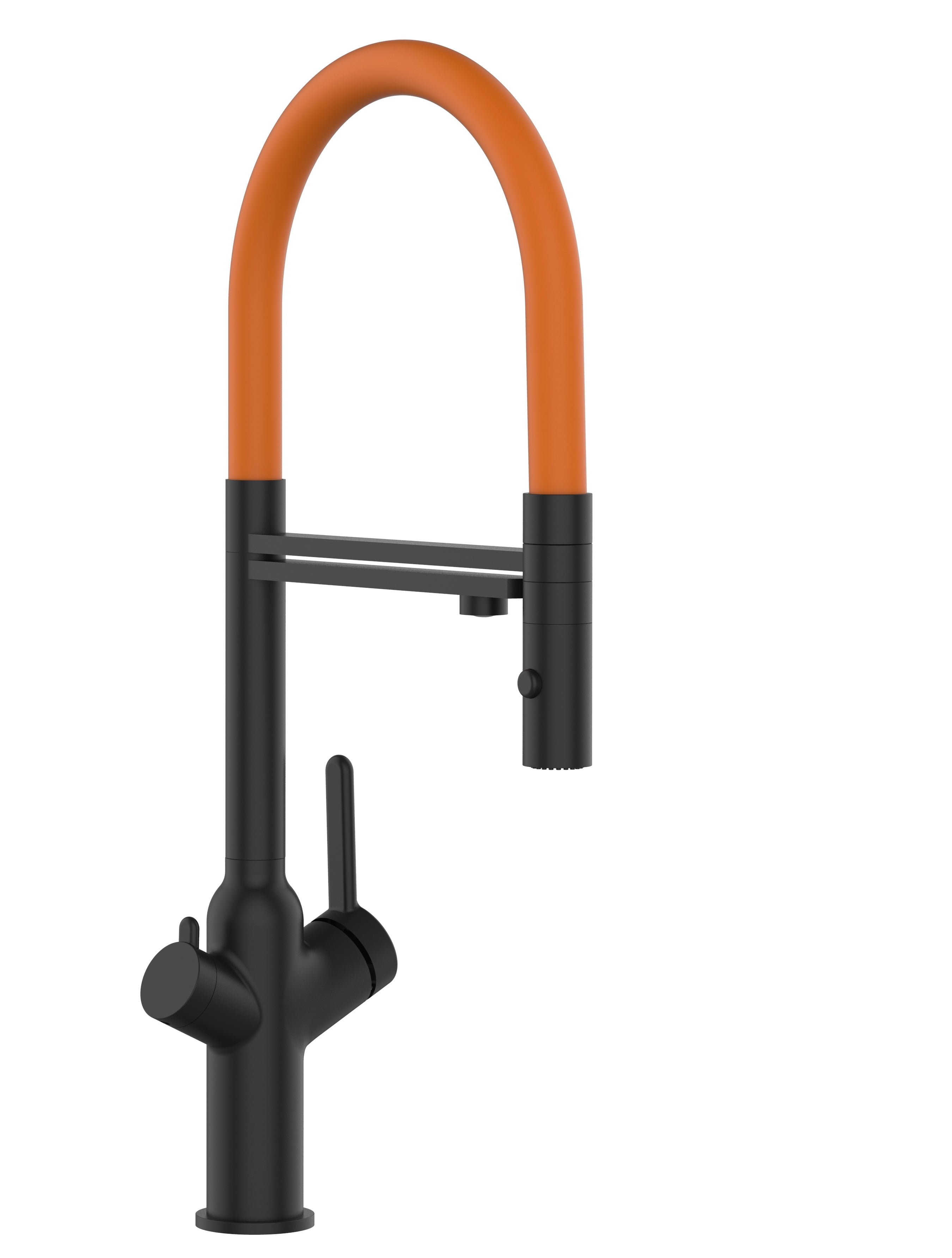 3 Way Kitchen Filter Tap, BOD, with 360° swivel spout and 2-jets removable Spray, Matte Black / Orange