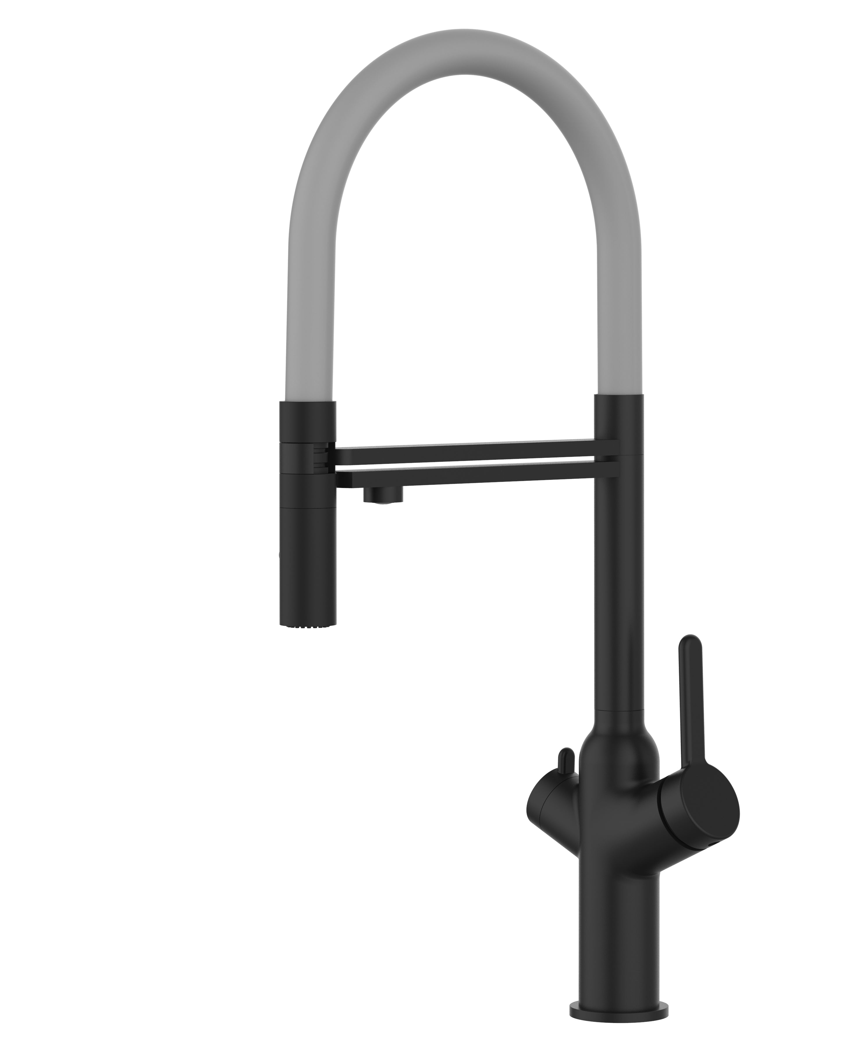 3 Way Kitchen Filter Tap, BOD, with 360° swivel spout and 2-jets removable Spray, Matte Black / Gray